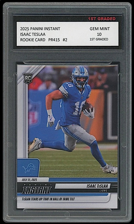 Football trading card of Isaac TeslaA in a blue uniform with a Graded label on top.