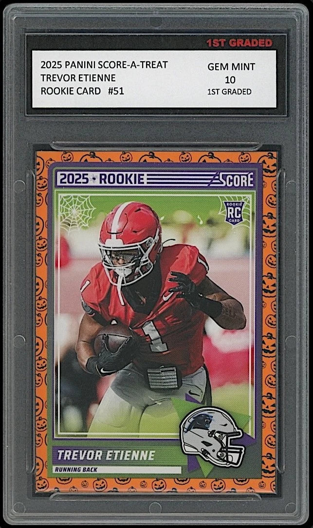 graded rookie cards Trevor Etienne 2025 Panini Score A Treat #51 Panthers Rookie Card 1st Graded 10
