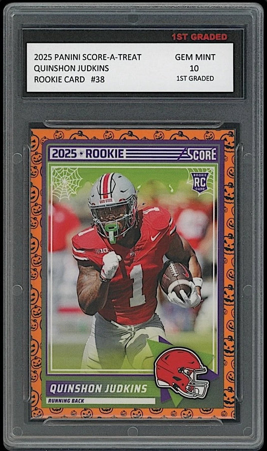 Trading card of Quinshon Judkins in a protective case with grading information.