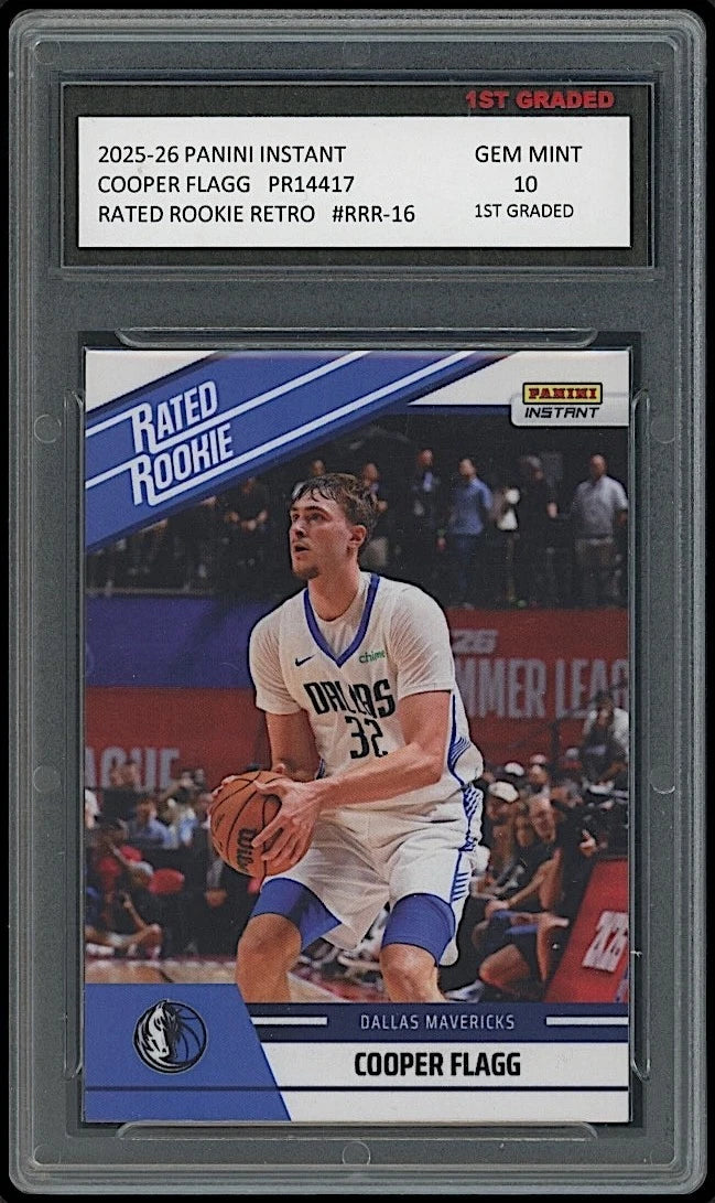 Cooper Flagg 2025 Panini Instant Retro Rated Rookie Card Dallas Mavericks professionally graded 10 by 1st Graded