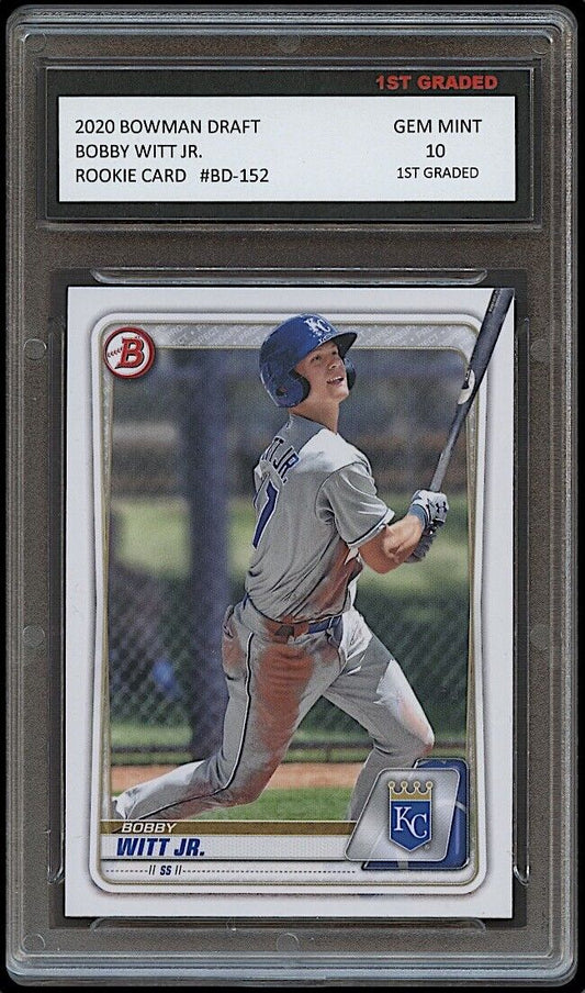 A graded Gem Mint 10 baseball card of Bobby Witt Jr. from the 2020 Bowman Draft Topps Rookie Card set, encased in a protective sleeve.