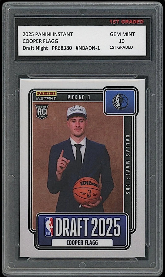 Trading card of Cooper Flagg from the 2025 Panini Instant Draft Night set, graded Gem Mint 10.
