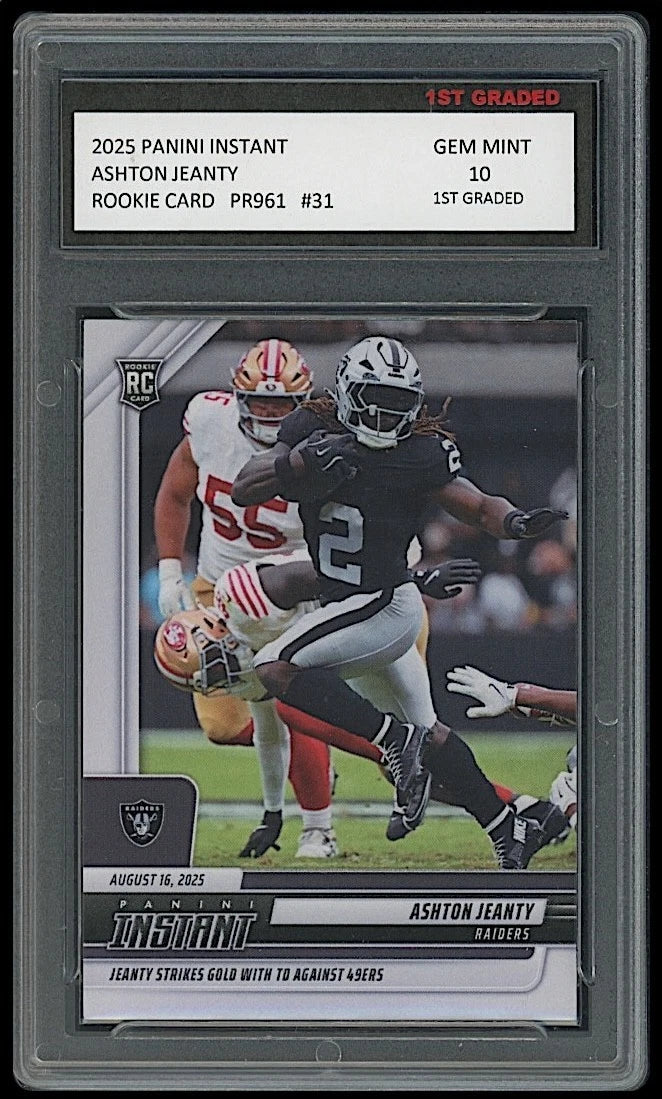 Trading card of Ashton Jeanty in a sports action pose, encased in a protective holder with grading information.