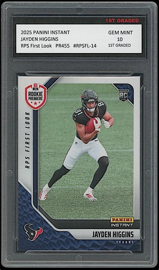 Football trading card of Jayden Higgins in a protective case with grading information.