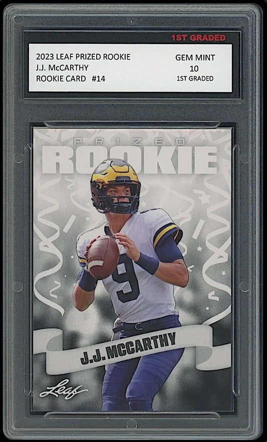 JJ McCarthy 2023 Leaf Prized 1st Graded 10 Rookie Card RC Michigan/Vikings J.J.