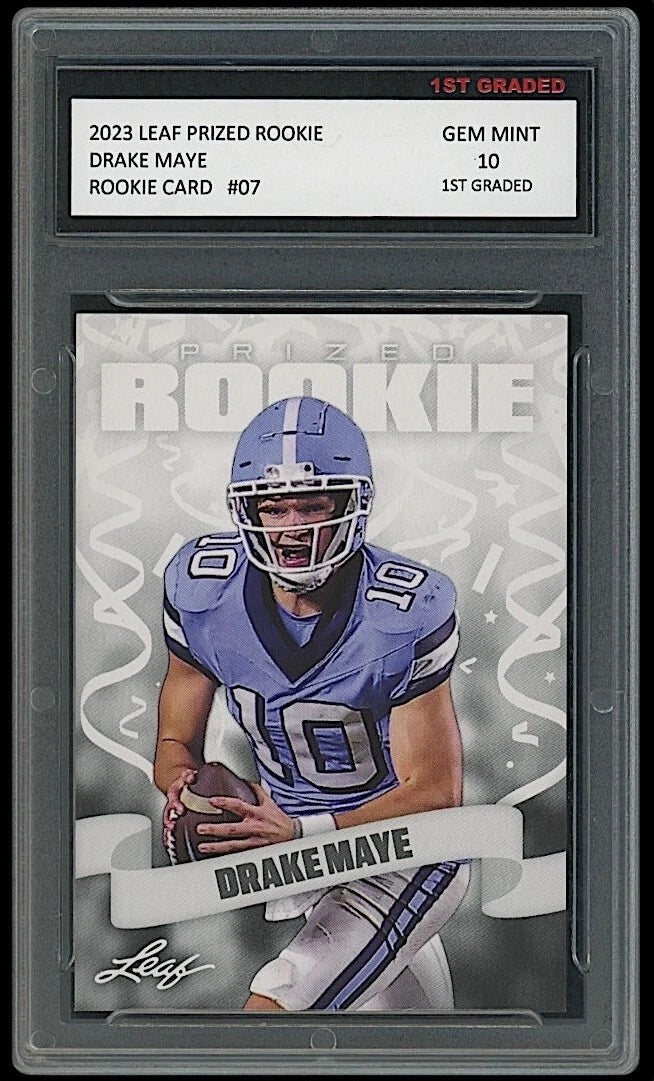Trading card of Drake Maye in a protective case with grading information.