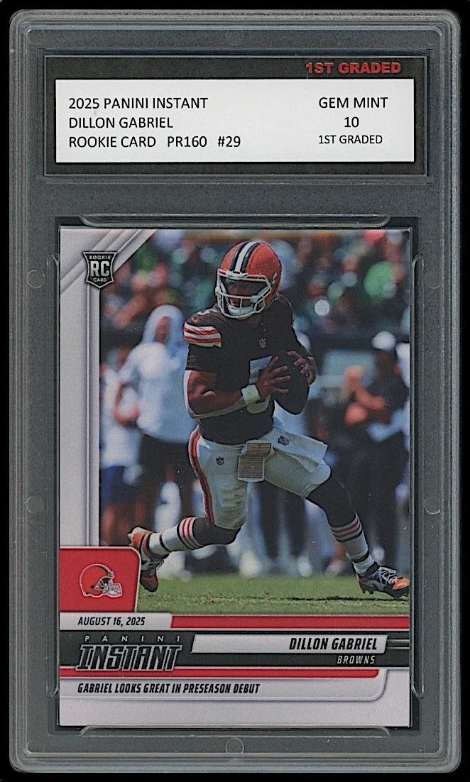 Football trading card of Dillon Gabriel in a protective case with grading information.
