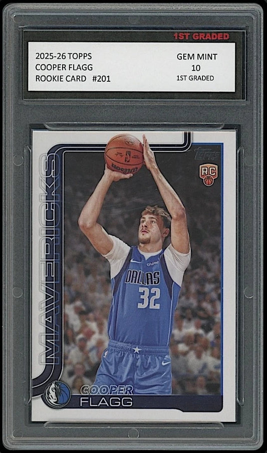 Cooper Flagg 2025-26 Topps #201 Dallas Mavericks NBA Rookie Card professionally graded 10 by 1st Graded