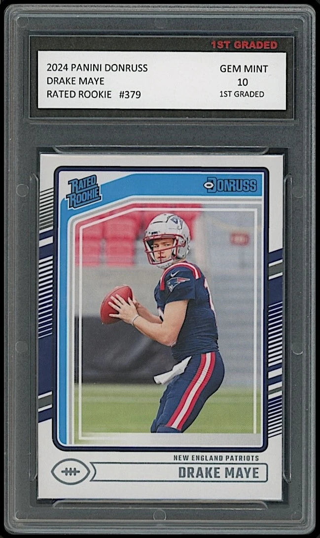 Drake Maye 2024 Panini Donruss Rated Rookie Card #379 New England Patriots professionally graded 10 by 1st Graded