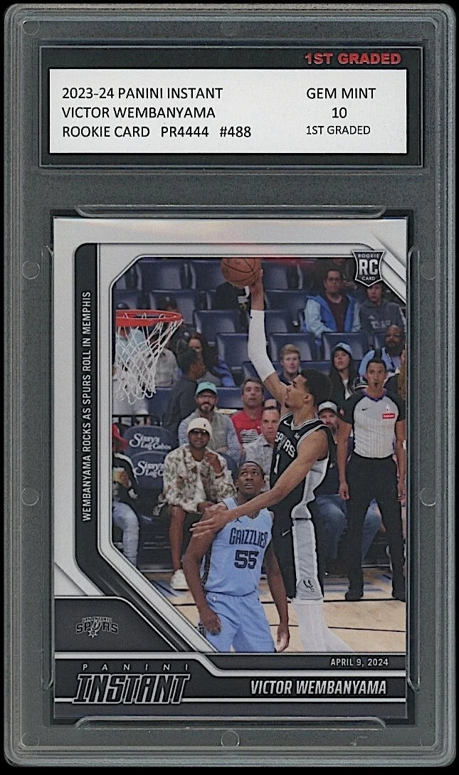 Basketball trading card of Victor Wembanyama in a display case with grading information.