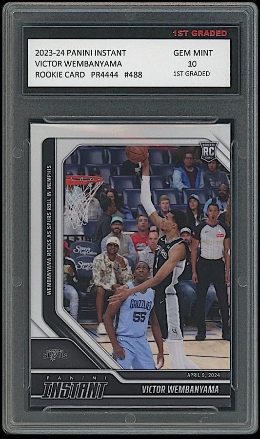 Basketball trading card of Victor Wembanyama in a display case with grading information.